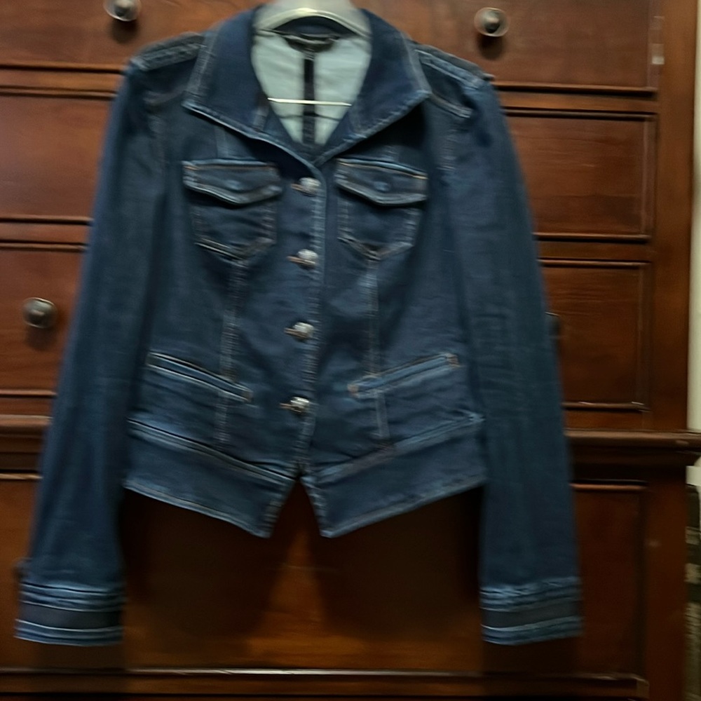 WHBM denim jean jacket with embellished buttons.